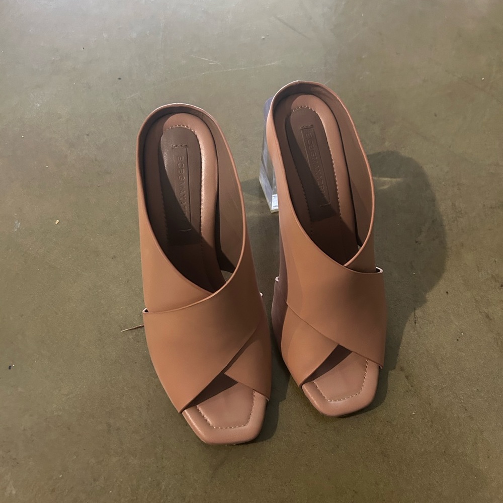 BCBGMaxAzria Leather Tan Heeled Mules with Crossover Straps
